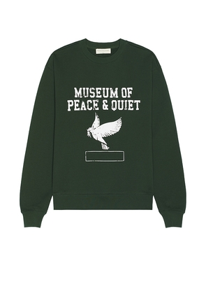 Museum of Peace and Quiet P.E. Crewneck in Dark Green. Size M, S, XL/1X, XS.