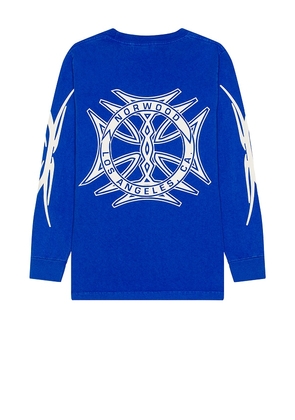 Norwood God Willing Long Sleeve Tee in Blue. Size M, S, XL/1X.
