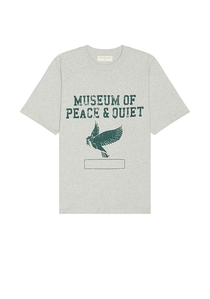 Museum of Peace and Quiet P.E. T-Shirt in Grey. Size M, S, XL/1X, XS.
