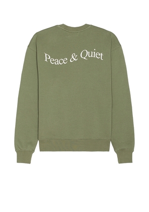 Museum of Peace and Quiet Wordmark Crewneck in Olive. Size M, S, XL/1X, XS.