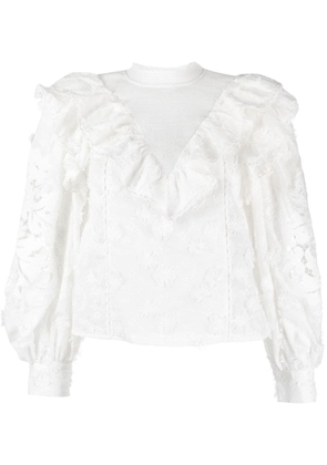 FARM Rio ruffled floral-lace cotton-blend blouse - White