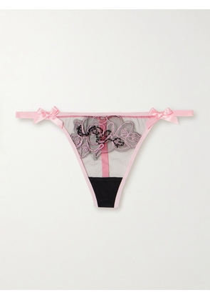 Agent Provocateur - Lindie Satin-trimmed Embellished Embroidered Tulle Thong - Pink - 1,2,3,4,5