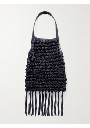 JW Anderson - Popcorn Shopper Leather-trimmed Fringed Crocheted Waxed-cotton Tote - Blue - One size