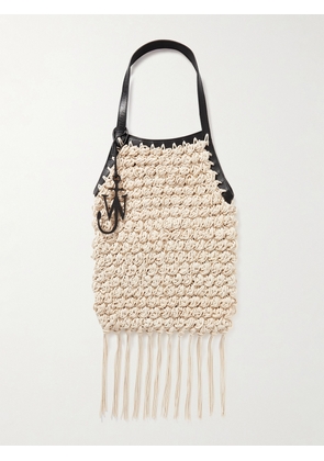 JW Anderson - Popcorn Shopper Leather-trimmed Fringed Crocheted Waxed-cotton Tote - Neutrals - One size