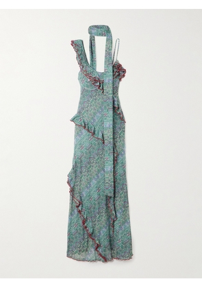 SIEDRÉS - Monica Asymmetric Ruffled Floral-print Recycled Georgette Maxi Dress - Blue - EU 32,EU 34,EU 36,EU 38,EU 40