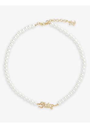 Brand-plaque brass and faux-pearl chain necklace