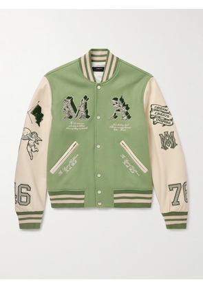 AMIRI - MA Angel Embellished Melton Wool-Blend Twill and Leather Varsity Jacket - Men - Green - S