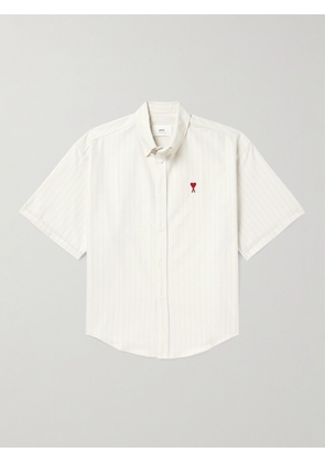 AMI PARIS - Button-Down Collar Logo-Embroidered Striped Cotton Shirt - Men - Neutrals - XS