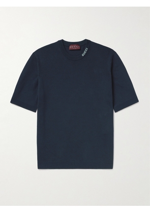 Gucci - Logo-Intarsia Silk and Cotton-Blend T-Shirt - Men - Blue - M