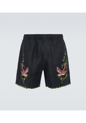 Bode Rosefinch embroidered linen Bermuda shorts