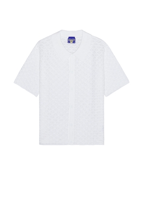 Coney Island Picnic Crochet Knit Button Polo in White. Size M, S, XL.