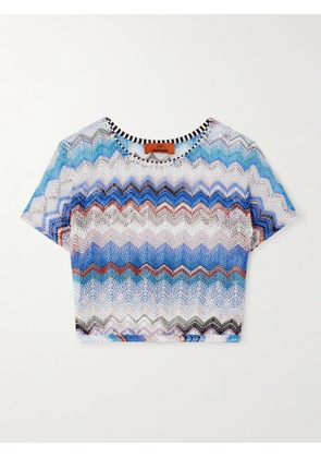 Missoni - Cropped Striped Metallic Crochet-knit T-shirt - Blue - IT36,IT38,IT40,IT42,IT44,IT46,IT48