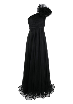 Ana Radu floral-appliqué one-shoulder gown - Black