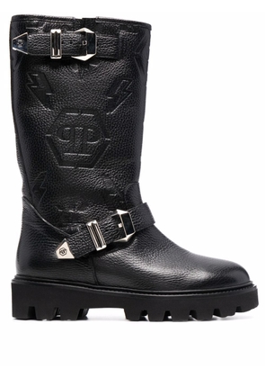 Philipp Plein Biker monogram-debossed leather boots - Black