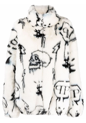 Philipp Plein faux-fur monogram-pattern coat - White