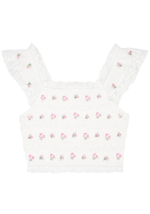 Loveshackfancy Cordula Floral-embroidered Smocked Cotton top - White And Pink - L (UK14 / L)