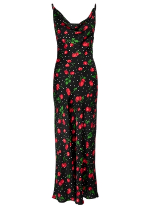 Leslie Amon Galli Printed Satin Maxi Dress - Black Red - L (UK14 / L)