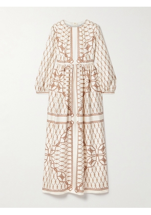 Tory Burch - Printed Gathered Silk-twill Maxi Dress - Neutrals - US2,US8