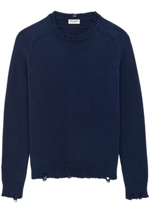 Saint Laurent distressed-effect knit cotton jumper - Blue