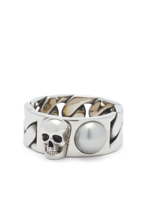 Alexander McQueen Skull pearl-embellished chain ring - Silver