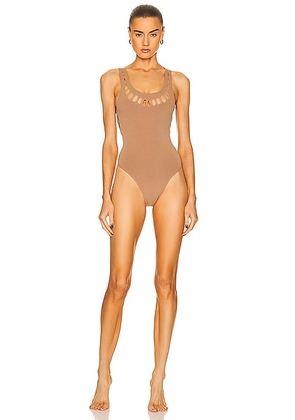 ALAÏA Laser One Piece Swimsuit in Camel Fonce - Tan. Size 42 (also in ).