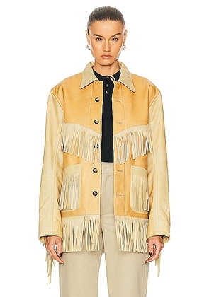 BODE Duo Leather Fringe Jacket in Brown & Tan - Tan. Size M (also in XS).