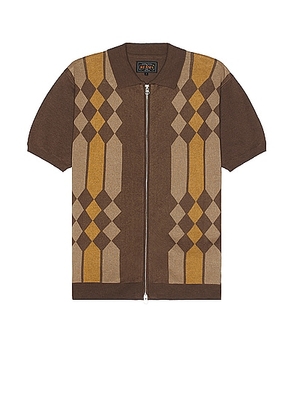 Beams Plus Zip Knit Polo Stripe in Brown - Brown. Size M (also in L, S, XL/1X).