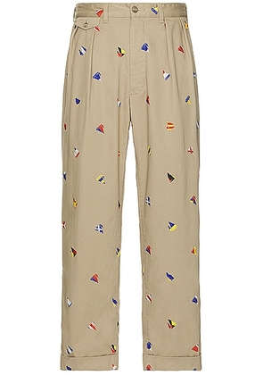 Beams Plus 2 Pleats Trousers Embroidery On Print in Khaki - Brown. Size M (also in S, XL/1X).
