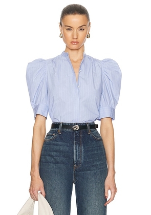 FRAME Ruched Puff Sleeve Shirt in Chambray Blue - Baby Blue. Size L (also in M, S, XS).