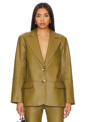Camila Coelho Rhodes Oversized Leather Blazer in Olive. Size S, XS, XXS.