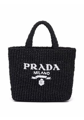 Prada logo-embroidered raffia tote bag - Black