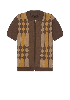 Beams Plus Zip Knit Polo Stripe in Brown. Size L, S, XL/1X.