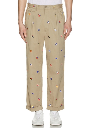Beams Plus 2 Pleats Trousers Embroidery On Print in Tan. Size S.