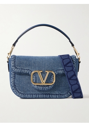 Valentino Garavani - Vlogo Embellished Denim And Leather Shoulder Bag - Blue - One size
