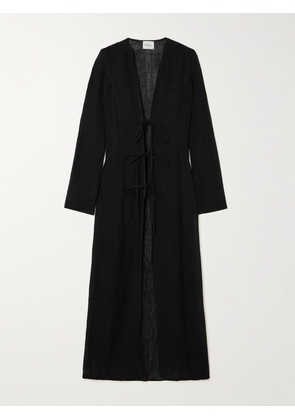 Le Kasha - Dehmit Tie-detailed Organic Linen-gauze Maxi Dress - Black - x small,small,medium,large
