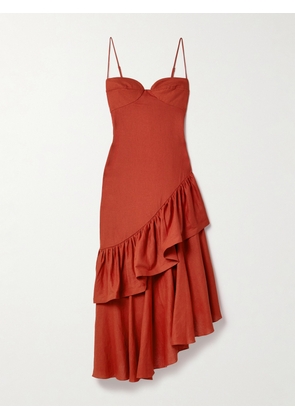 Johanna Ortiz - Acércate Más Asymmetric Ruffled Linen-blend Dress - Red - US0,US2,US4,US6,US8,US10