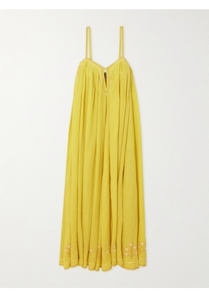 Thierry Colson - Zenobia Pintucked Embroidered Linen Maxi Dress - Yellow - x small,small,medium,large,x large