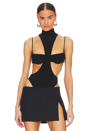 LaQuan Smith Mock Neck Cut Out Bodysuit in Black. Size S.