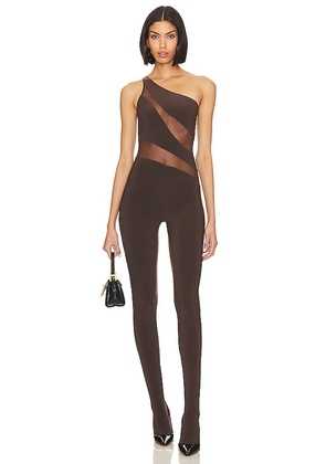 Norma Kamali Snake Mesh Catsuit With Footsie in Chocolate. Size M, XL.