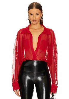 Norma Kamali Super Oversized Shirt Bodysuit in Red. Size L, S, XL, XS, XXS.
