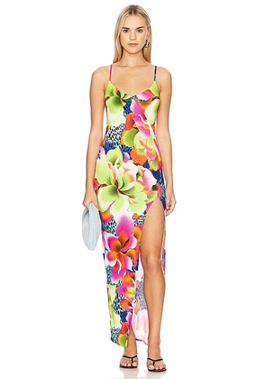 Luli Fama Tropical Illusions Fitted Side Slit Maxi Dress in Green. Size M, S, XS.
