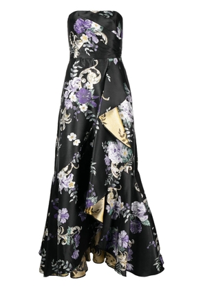 Marchesa Notte floral-print strapless gown - Black