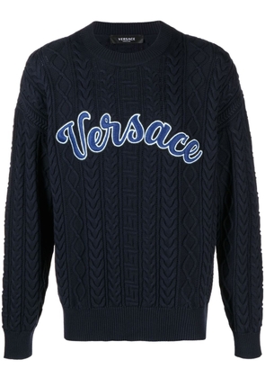 Versace logo appliqué cable-knit jumper - Blue