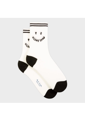 Paul Smith Women's White and Black 'Happy' Ribbed Socks