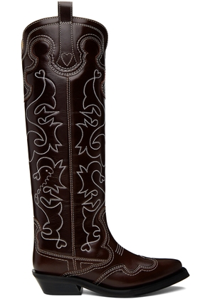 GANNI Burgundy Embroidered Western Boots