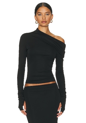 Helsa Matte Jersey Drape Shoulder Top in Black - Black. Size L (also in M).