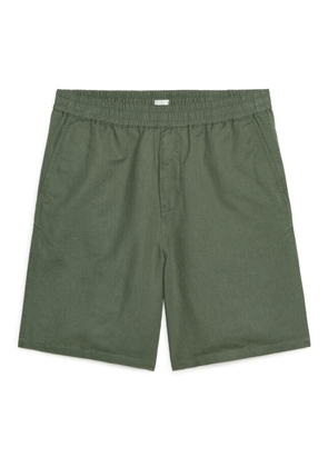 Cotton-Linen Drawstring Shorts - Green