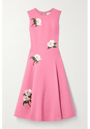 Oscar de la Renta - Camellia Appliquéd Wool-blend Crepe Midi Dress - Pink - US0,US2,US4,US6,US8,US10,US12,US14