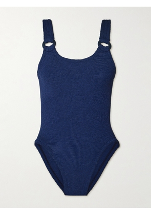 Hunza G - Domino Embellished Metallic Seersucker Swimsuit - Blue - Beachwear One Size
