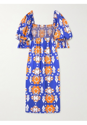 Borgo de Nor - Viona Shirred Printed Cotton-poplin Midi Dress - Blue - UK 6,UK 8,UK 10,UK 12,UK 14